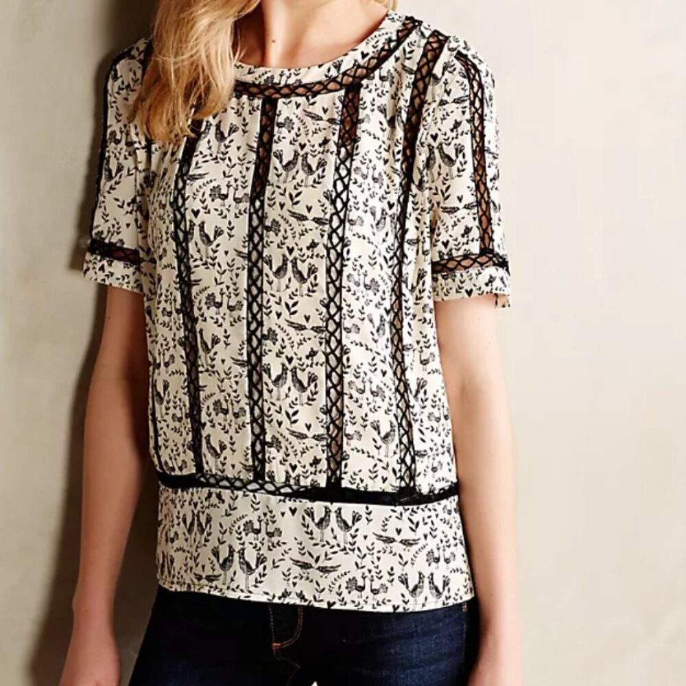 Anthropologie Meadow Rue Cream Black Faison Bird Print Short Sleeve Blouse Top